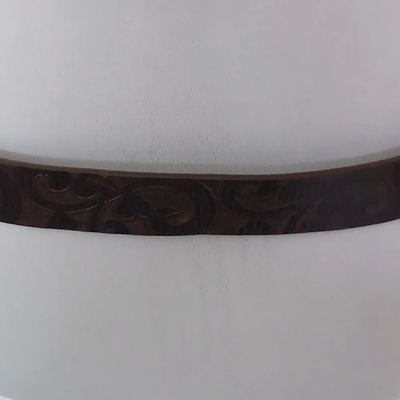 Brighton Dark Brown Handtooled Leather Belt with Silver Heart Oval Buckle - Picture 6 of 15